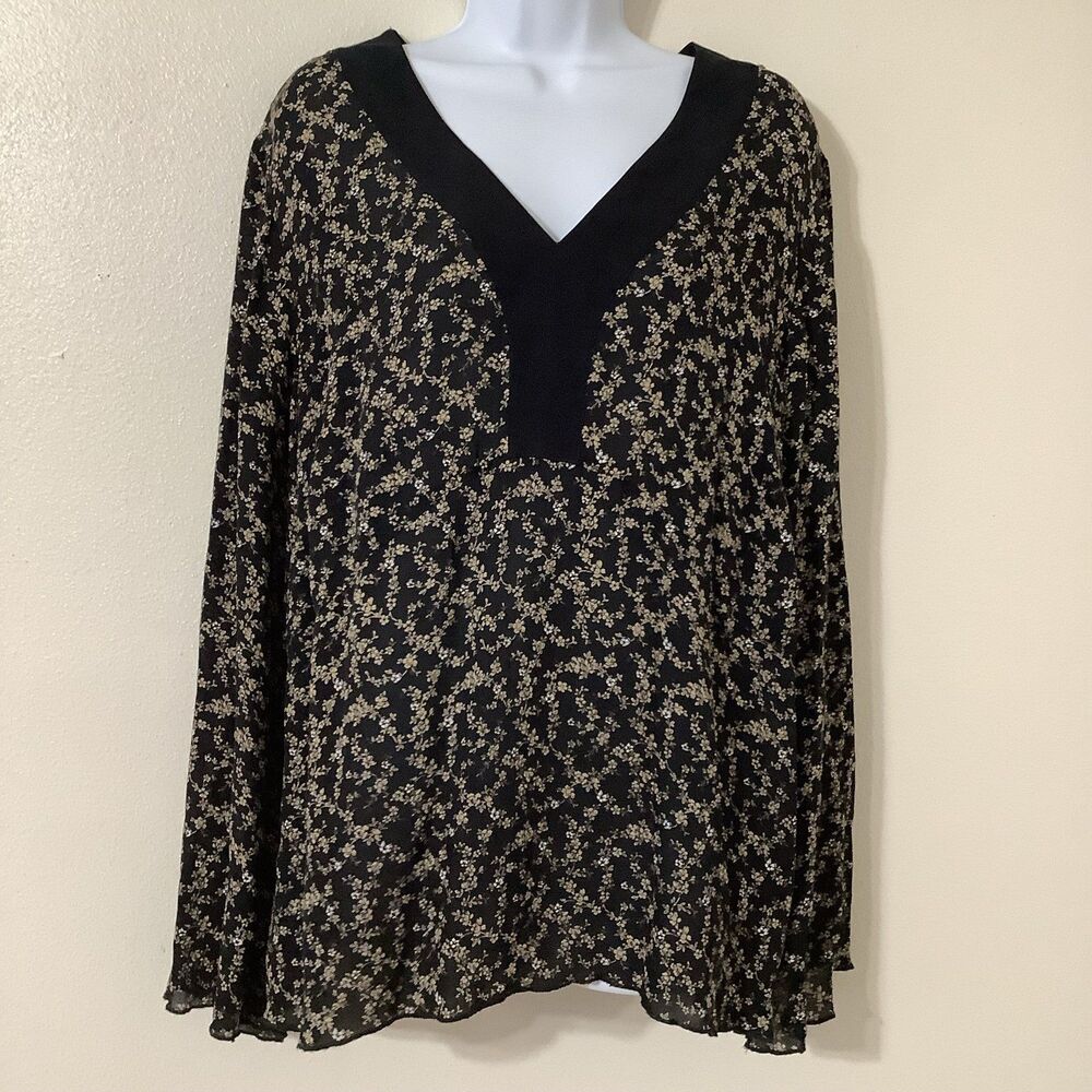 Lane Bryant Black and Cream Floral V-Neck Blouse